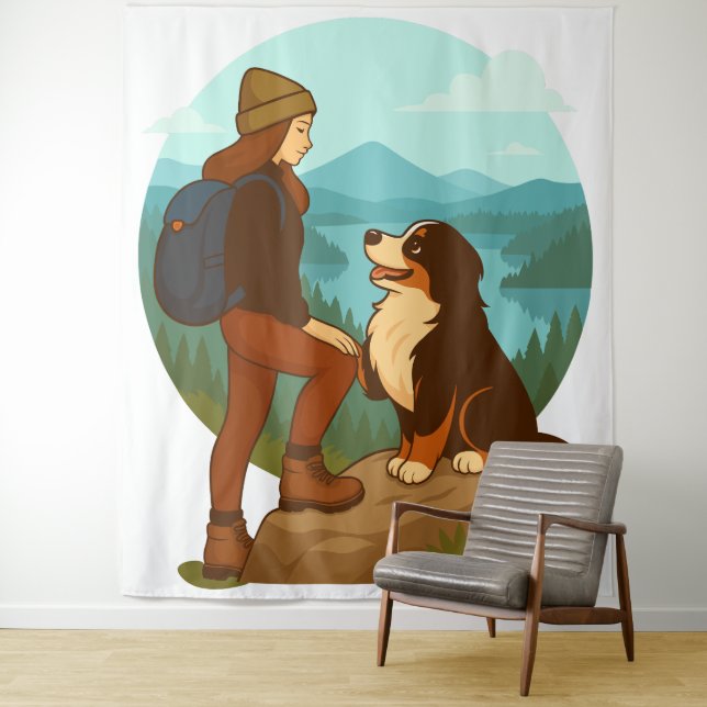 Tapete De Parede Girl and Mountain Dog Adventure Illustration (In Situ)