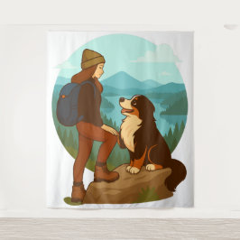 Tapete De Parede Girl and Mountain Dog Adventure Illustration