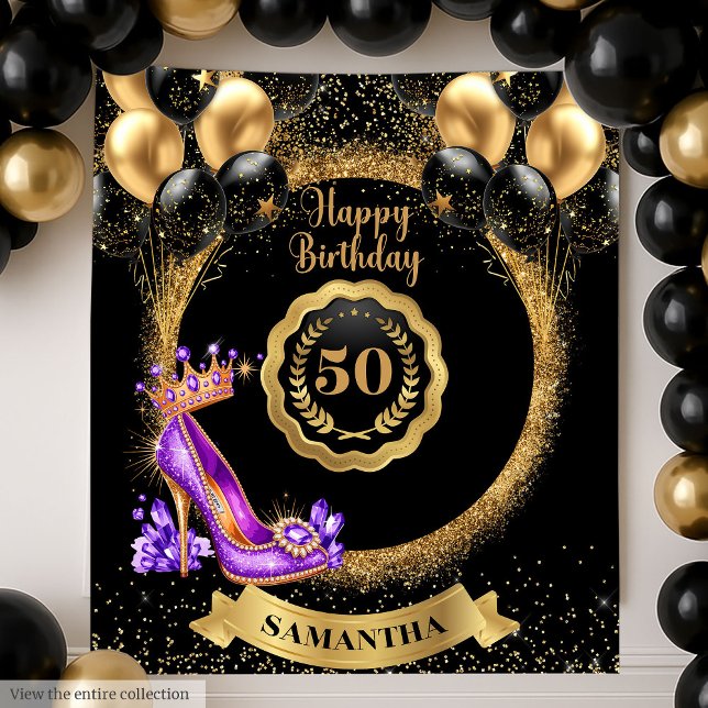 Tapete De Parede Glam Purple High Heels Dourada 50ª Festa de aniver (Glam Purple High Heels Gold 50th Birthday Party Tapestry)