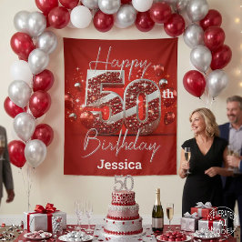 Tapete De Parede Glam Ruby Vermelho e Brilho Prateado 50º Aniversár