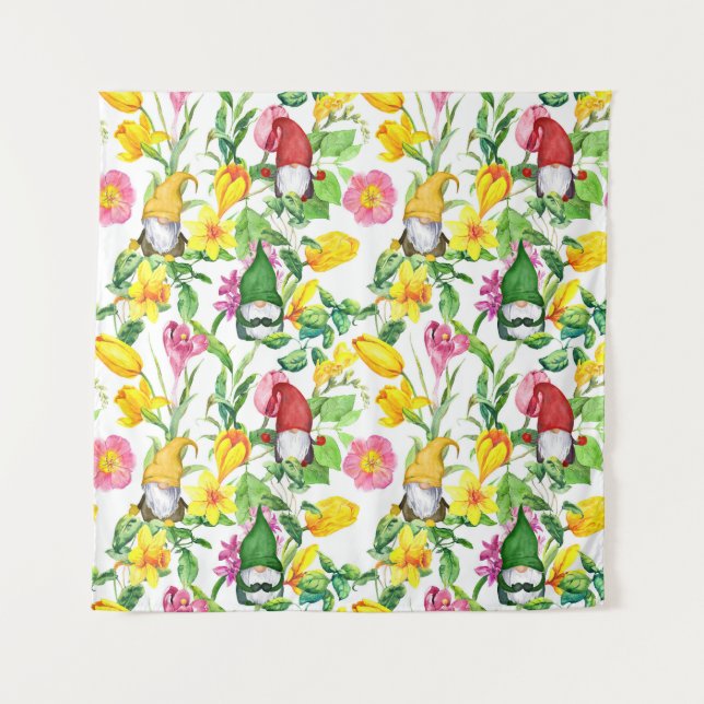 Tapete De Parede Gnomos escandinavos: primavera de aquarela floral. (Frente)