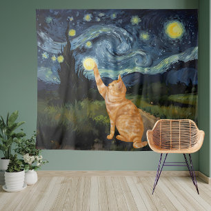 Tapete De Parede Gogh Gatinho Starry Night Cat