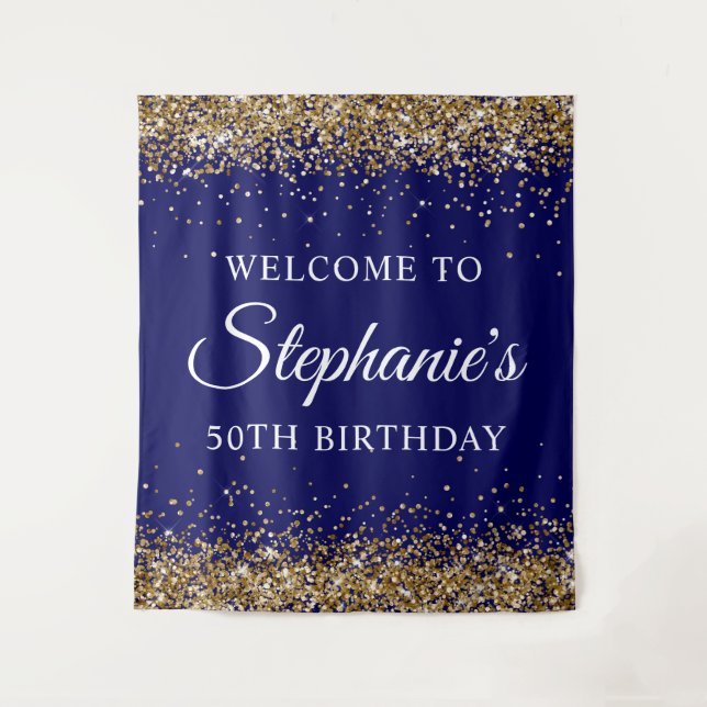 Tapete De Parede Gold Glitter Navy Blue 50Th Birthday Party Welcome (Frente)