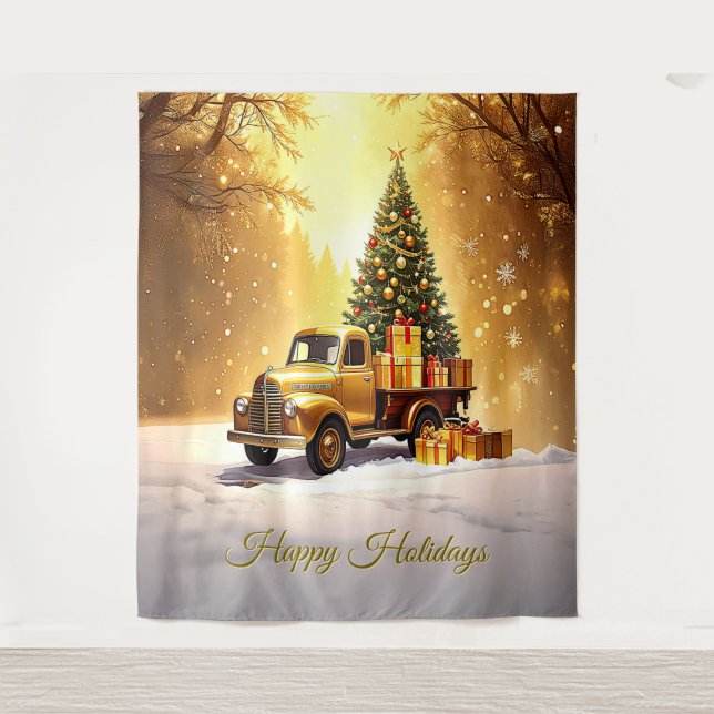 Tapete De Parede Gold Truck Christmas Tree Holiday Backdrop (Frente)