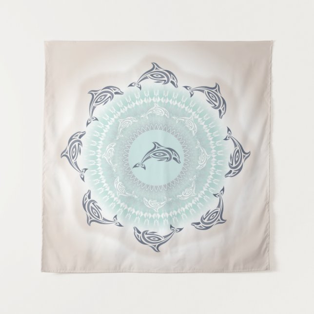 Tapete De Parede Golfinhos Mandala Azul Taupe Costeiro (Frente)