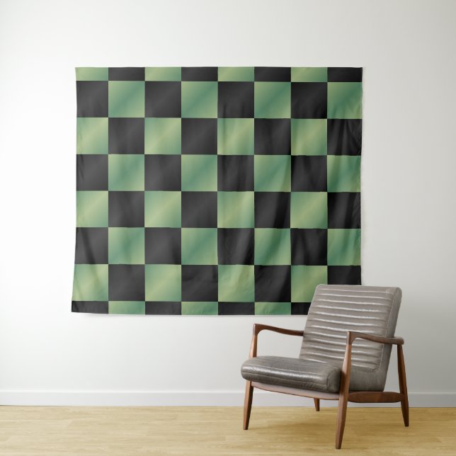 Tapete De Parede Gradiente Xadrez Preto Verde Oliva Moderno  (In Situ (Horizontal))