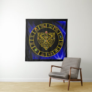 TAPETE DE PAREDE GRÁFICO ZODÍACO DOURADO, CORAÇÃO ASTRAL, NÓS CÉLTI