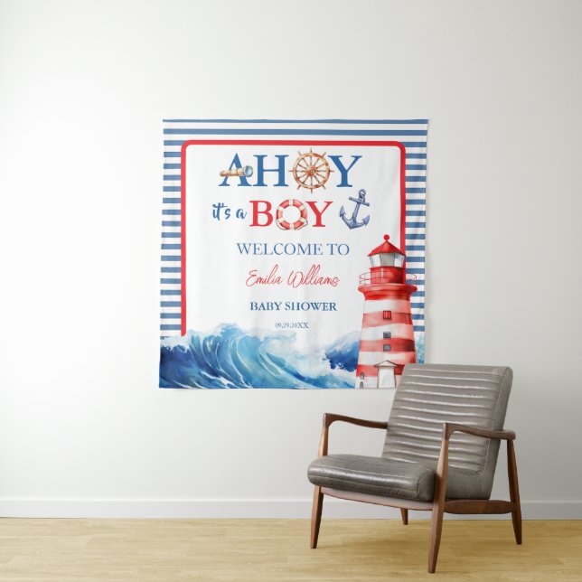 Tapete De Parede Grand Striped Blue Red Nautical Ahoy Boy  (In Situ)