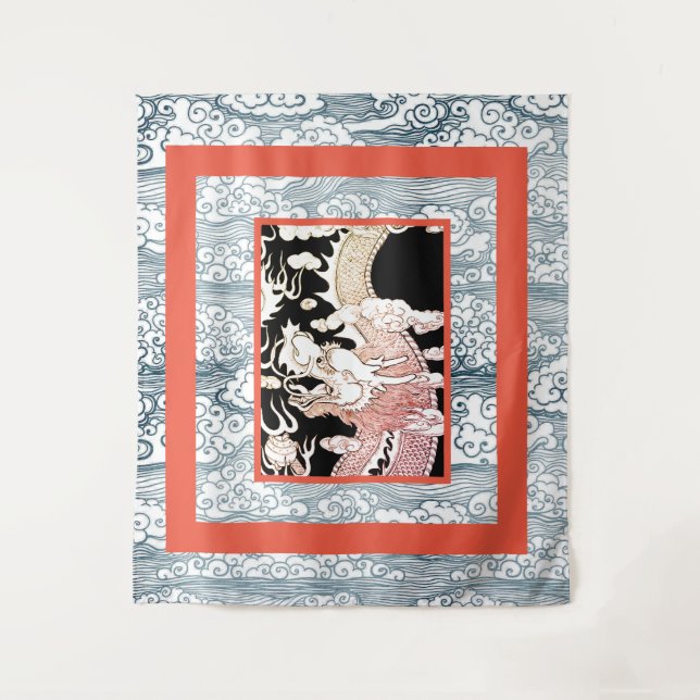 TAPETE DE PAREDE GRANDE TAPESCE COM DRAGON E PADRÃO DE ONDA JAPONÊS (Frente)