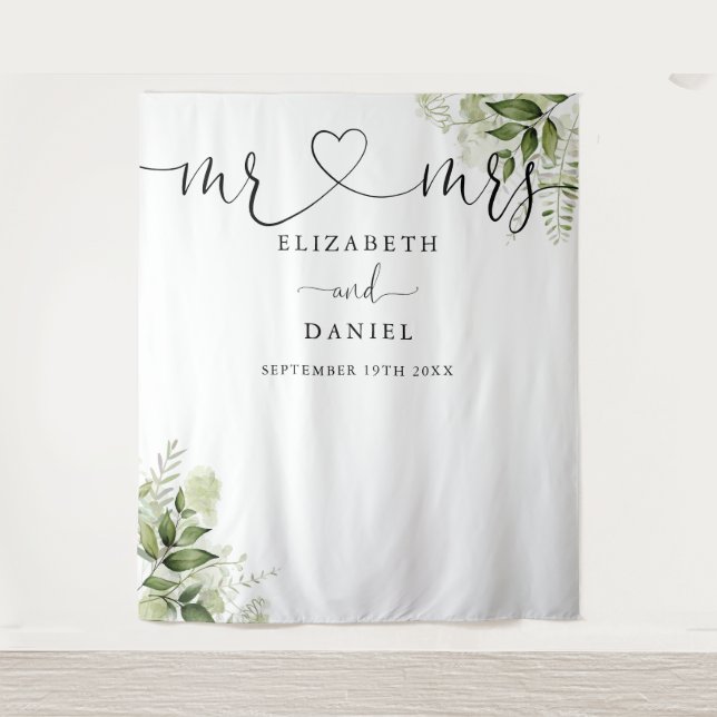 Tapete De Parede Greenery Sr. Script Wedding Foto Backdrop (Frente)