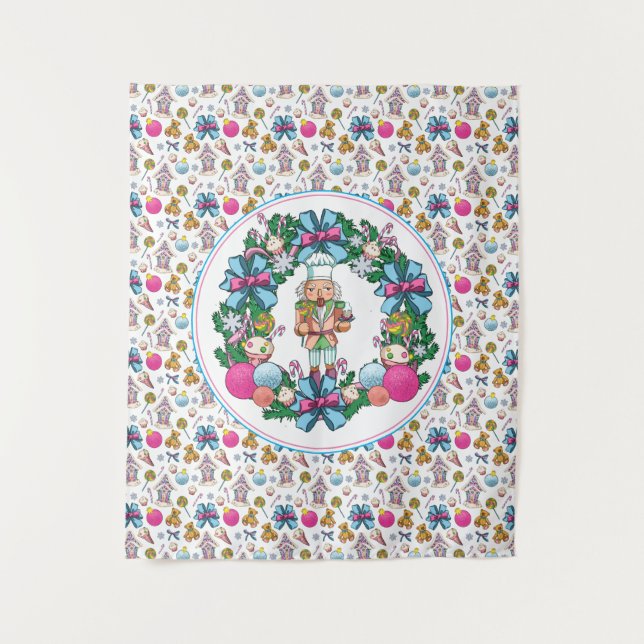 Tapete De Parede Grinalda de Natal de Noz Cracker Rosa e Azul Fofa (Frente)