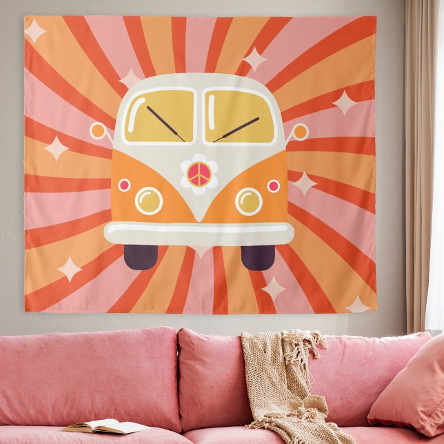 Tapete De Parede Groovy Hippie Van Pink & Orange 60s Retro (Groovy Hippie Van Pink & Orange 60s Retro Tapestry party backdrop decoration college dorm room decor)
