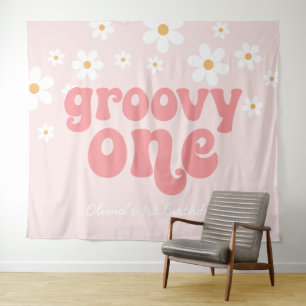 Tapete De Parede Groovy One Retro Daisy Rosa Banner de 1º Aniversár