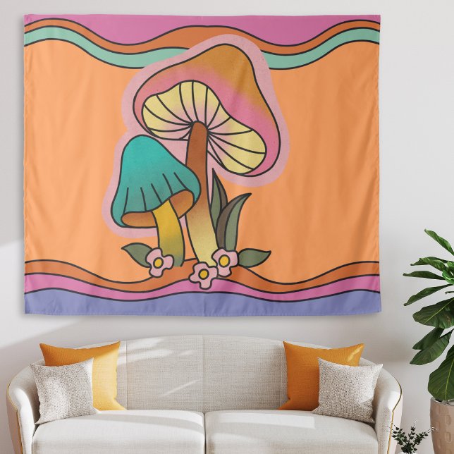 Tapete De Parede Groovy Psychedelic Mushroom 60s Hippie Retro (groovy retro mushroom tapestry, orange 60s hippie psychedelic wall hanging college dorm room decor)