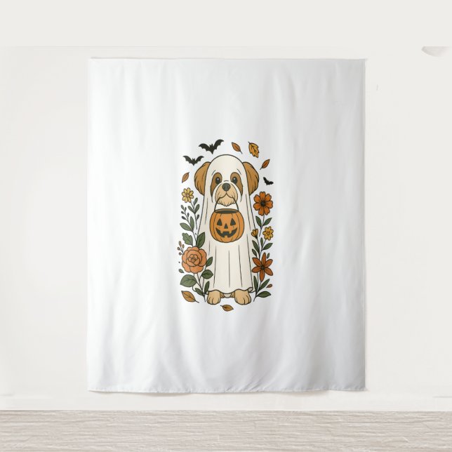 Tapete De Parede Halloween Shih Tzu com Flores de Queda (Frente)