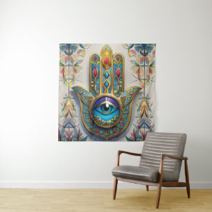 Tapete De Parede Hamsa do Terceiro Olho Azul-Verde com Filigrana Co