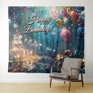Tapete De Parede Happy Birthday Cake Balloons Party Decor