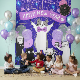 Tapete De Parede Happy New Year Cat Party Blue & Purple Backdrop