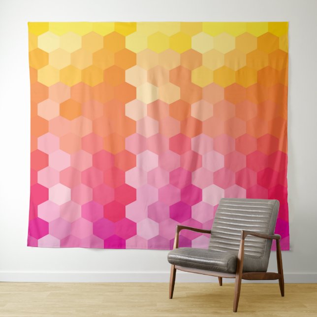 Tapete De Parede Hexágono Geométrico forma amarelo-rosa (In Situ (Horizontal))
