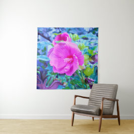 Tapete De Parede Hibisco Rosa Elegante com Folhagem Azul ondulada