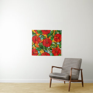 Tapete De Parede Hibisco Vermelho Dourado Laranja Vidro Pintado Fal