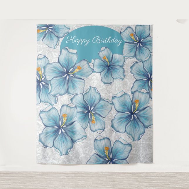 Tapete De Parede Hibiscus & lace TURQUOISE (Frente)