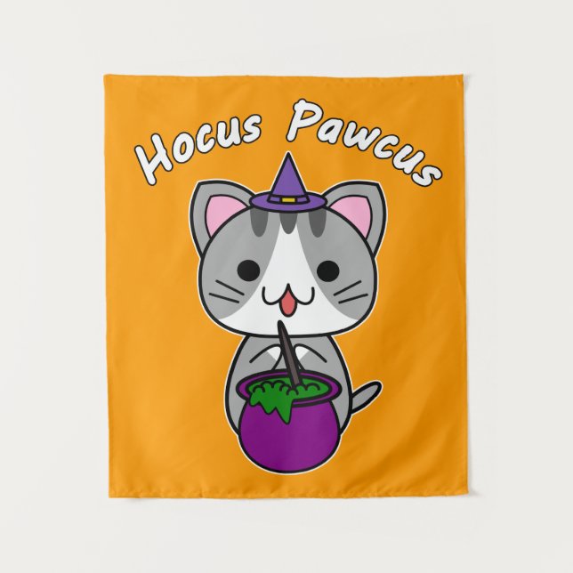 Tapete De Parede Hocus Pawcus - Gato Tabby Cinza - Escrita Branca (Frente)