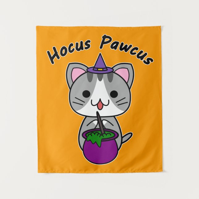 Tapete De Parede Hocus Pawcus - Gato Tabby Cinza - Escrita Preta (Frente)