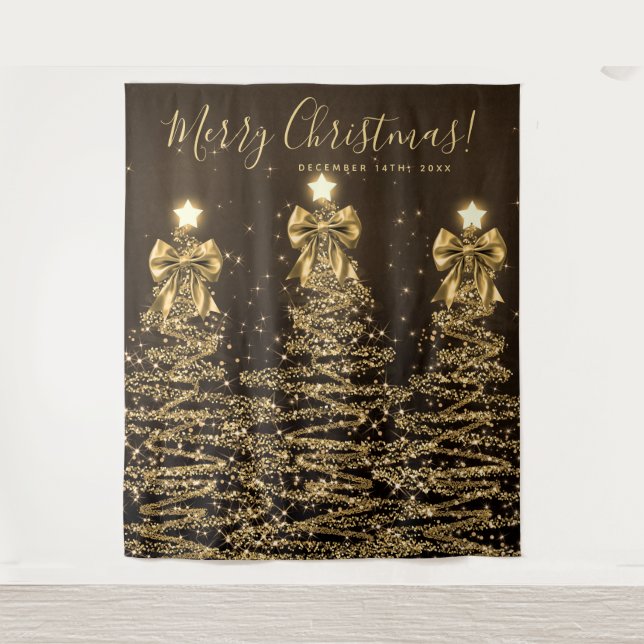 Tapete De Parede Holiday Backdrop Gold Christmas Trees w/ Bows (Frente)