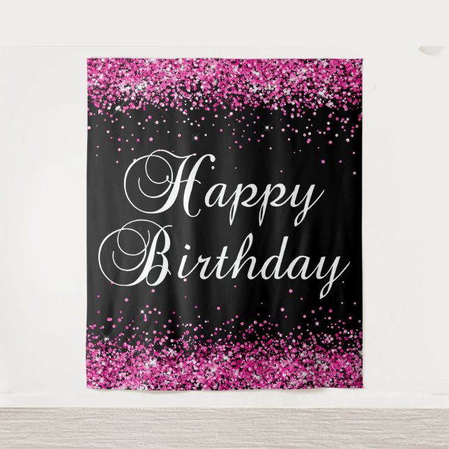 Tapete De Parede Hot Pink Glitter Black Happy Birthday (Frente)