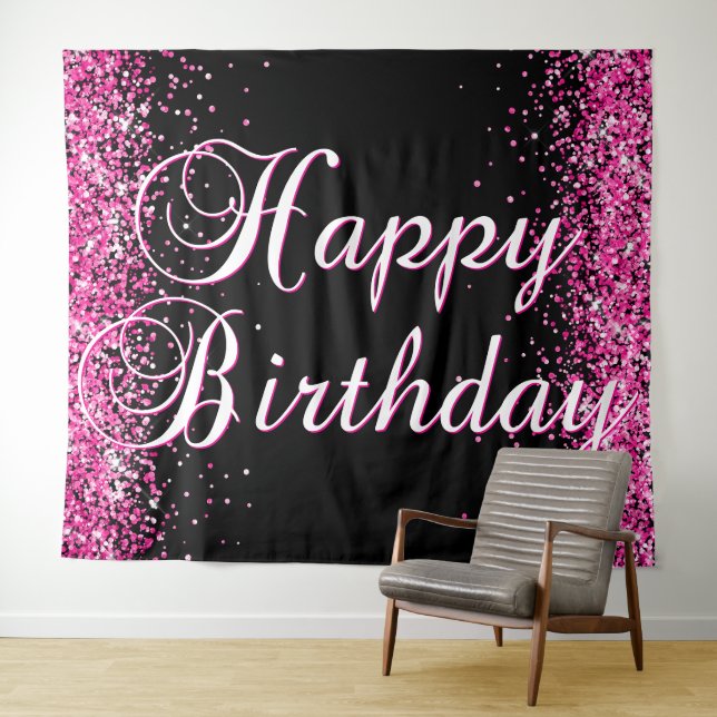 Tapete De Parede Hot Pink Glitter Black Happy Birthday Calligraphy (In Situ (Horizontal))