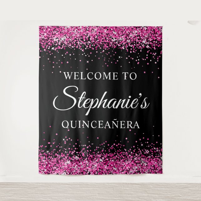 Tapete De Parede Hot Pink Glitter Black Quinceañera Welcome (Frente)