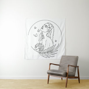 Tapete De Parede Ilha Muse - Arte de Linha Feminina Tropical
