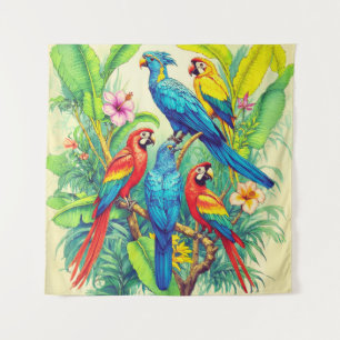 Tapete De Parede Ilustração Botânica de Aves Tropicais