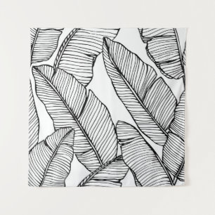 Tapete De Parede Ilustração Branca Preta de Banana Leaf