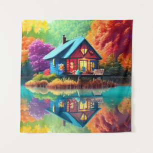 Tapete De Parede Ilustração paisagística com lago de algodão