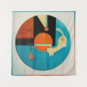 Tapete De Parede Ilustração Retro de Gato se Alongando em Disco