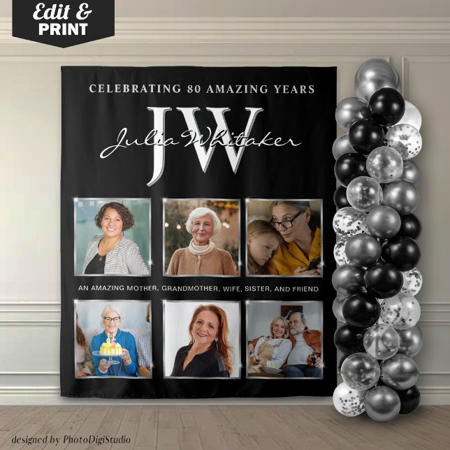 Tapete De Parede Iniciais Prateadas Personalizadas Fundo de Anivers (Silver Initials Custom Birthday Backdrop and Photo)