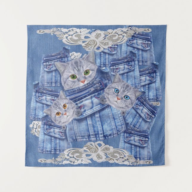 Tapete De Parede Jeans de bolso de Denim, Kittens e Lace (Frente)