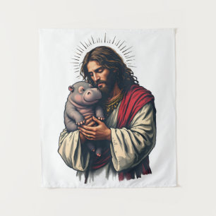 Tapete De Parede Jesus segurando um bebê Moo Deng Hippo
