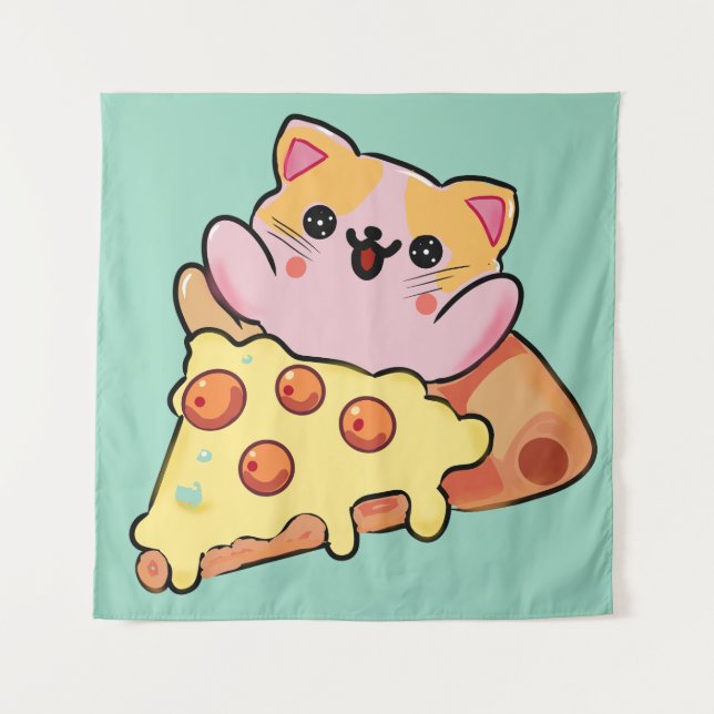 Tapete De Parede Kawaii Cat Hugging Pepperoni Pizza Cartoon (Frente)