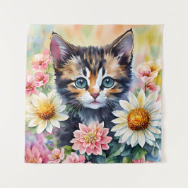 Tapete De Parede Kitten Daisy Flowers Watercolor Art