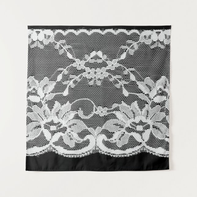 Tapete De Parede Lace floral branco: fundo preto. (Frente)