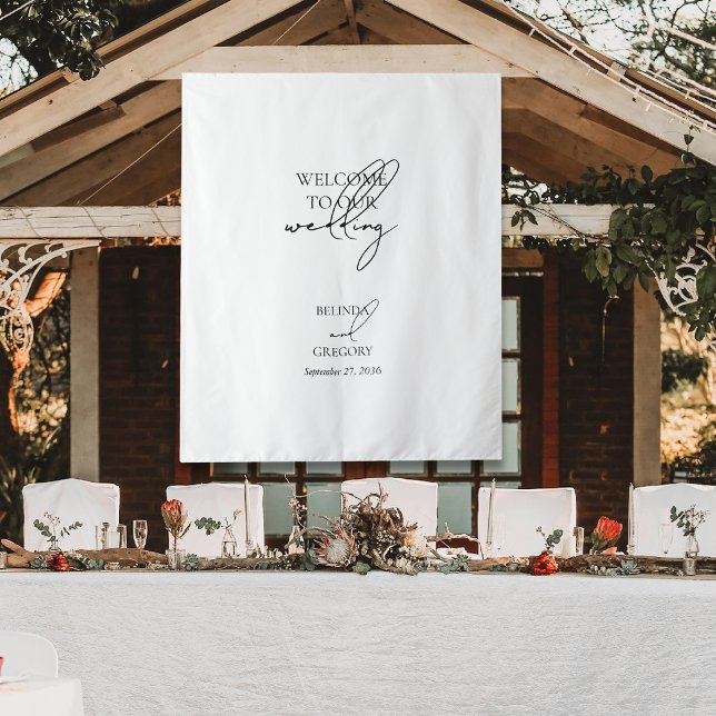 Tapete De Parede Letreiro de Boas-Vindas com Letra de Assinatura em (Signature Script Welcome Wedding Fabric Sign Tapestry)