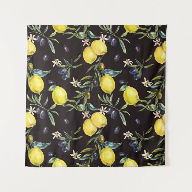 Tapete De Parede Limão, ramos de oliveira: padrão de aquarela. (Frente)