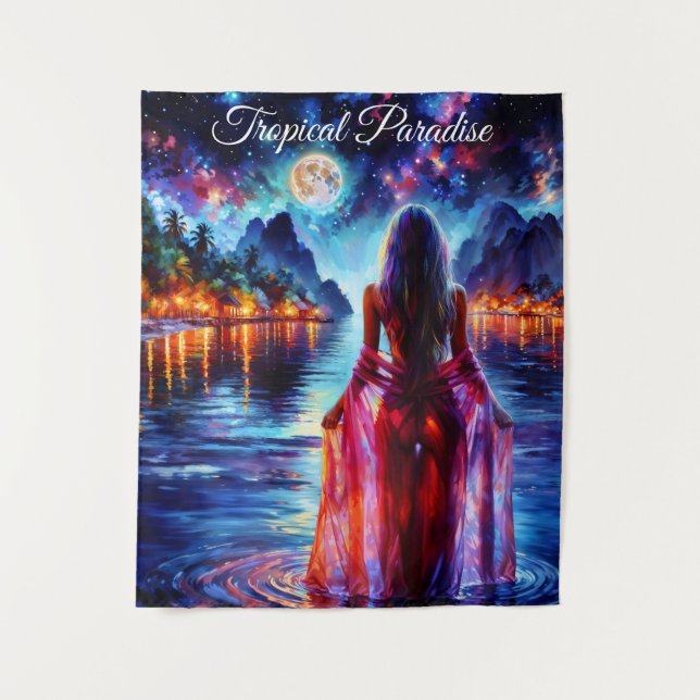 Tapete De Parede Linda garota assistindo água noturna brilhante (Frente)