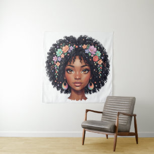 Tapete De Parede Linda Garota Preta C/ Coroa de Flores Afro