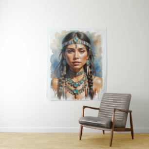 Tapete De Parede Linda Mulher Boho Nativo Americano com Joia