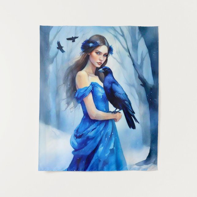 Tapete De Parede Linda mulher com um Raven, em uma Floresta Neve (Frente)