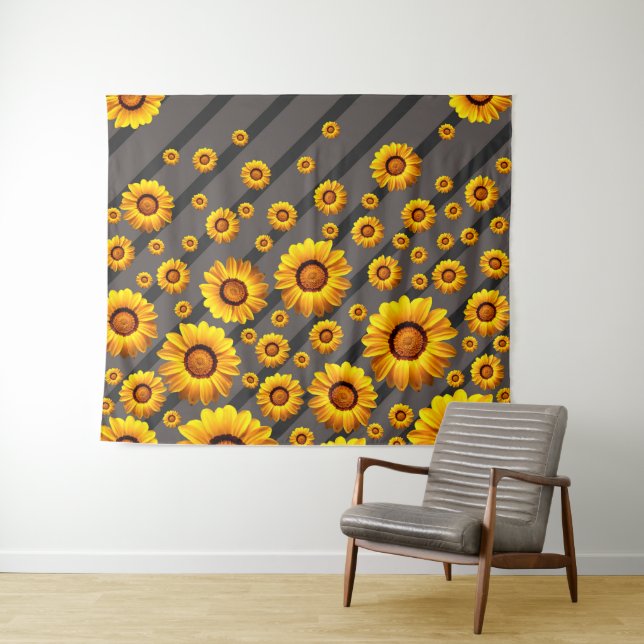 Tapete De Parede Lindas flores amarelas nas cinzas, faixas pretas (In Situ (Horizontal))